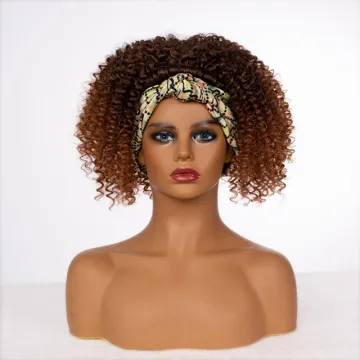 Wholesale price stort brown heat resistant fiber afro kinkly curly headband wig for black women