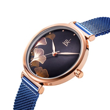 New SK Watches 0139: Popular Fashion Printed Case Stainless Steel Band Thin Women's Quartz Watch