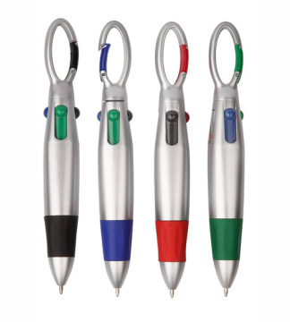 4 color ball pen with carabiner in silver color