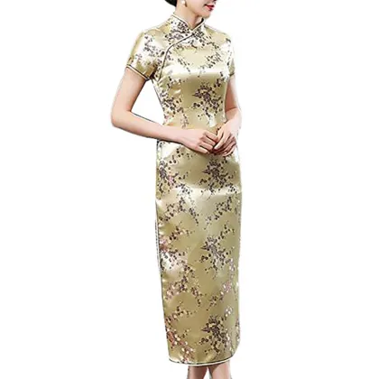 Chinese Traditional Style Women's Silk Pattern Midi Length Printed Dragon and Phoenix Cheongsam Dress
