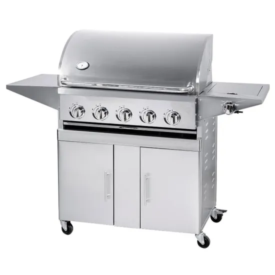 High-Quality Auplex 5-Burner Stainless Steel Commercial Gas BBQ Grill with Folding Trolley