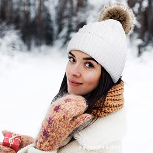 Beanies with Pom Slouchy Knit Cuffed Caps
