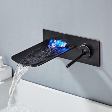 Bathroom Oil-Rubbed Black Brass Wall-Mounted Faucet with LED Basin Lever