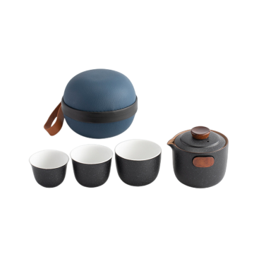 Japanese Mini Portable Tea Set with Filter - Black Gold Ceramic Travel Tea Cup Set