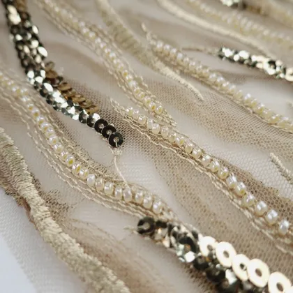 100% Polyester Knit Beads Sequin Embroidery Mesh Fabric