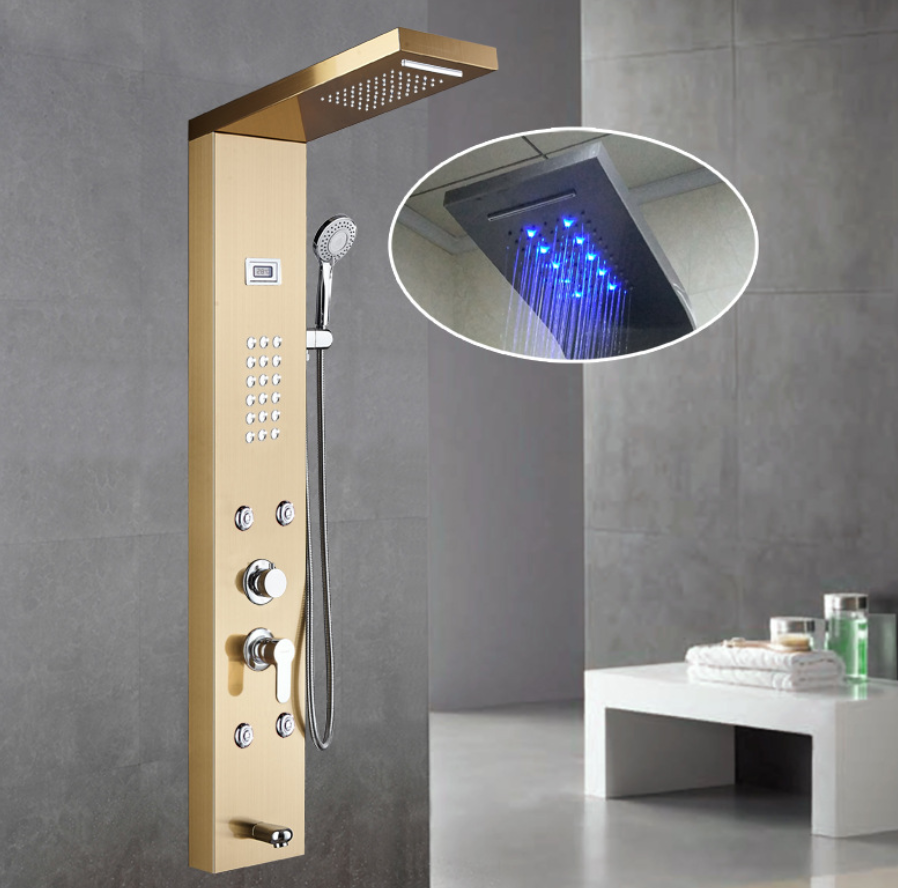 Hot Sale 304 stainless steel temperature display LED rainfall shower heads massage thermostatic shower panels