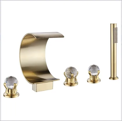 Brushed Gold Deck Mount Roman Tub Faucet Waterfall Tub Filler Set