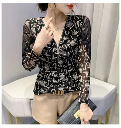 Mesh long-sleeved dressy top t-shirt