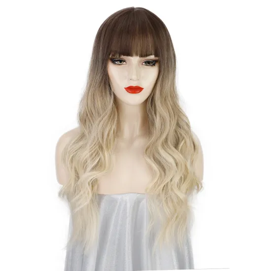 Vigorous Natural Cosplay Synthetic Non Lace Front 24 Inch Long Wavy Ombre Wig Synthetic Hair Wigs With Bangs For Black Women
