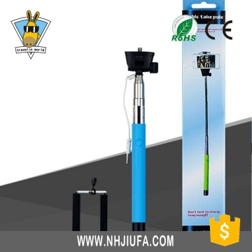 JF China supply aluminum cable take pole selfie stick,wide angle adjustable wired selfie stick,colorful foldable selfie stick