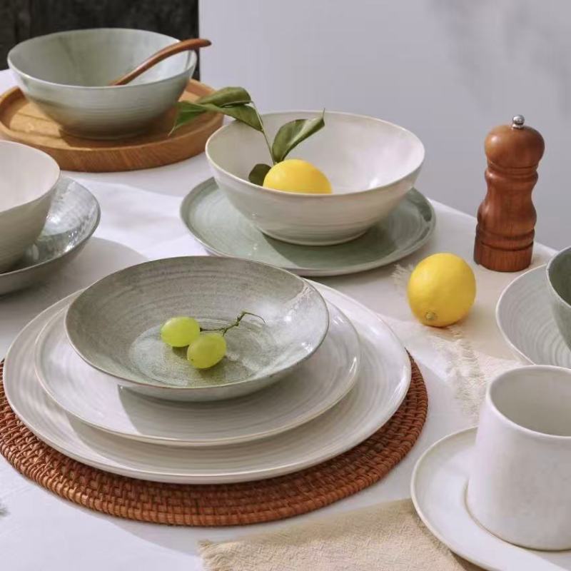 Asian-Inspired Dinnerware Set with Gray-Green Bowls and Plates