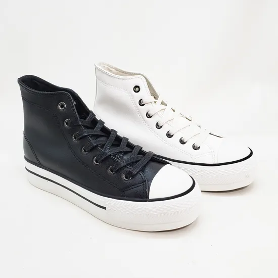 Wholesale Women's Vulcanized Sneakers: Flat Heel PU Canvas Lace-Up Casual Shoes