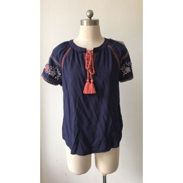 Viscose Short Sleeve Embroidery Blouse for Ladies