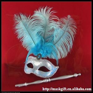 A009S High quality light blue and silver Venetian style mask with stick