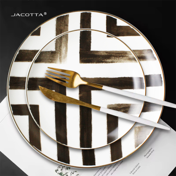 Black and White Cross Dinnerware with Gold Charger Plates - 20 Piece Wholesale Set