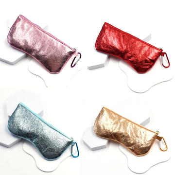 Glitter Leather Soft Zipper Glasses Case with Metal Hook