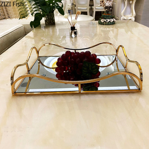 European Style Metal Mirror Tray Living Room Wine Decoration Cosmetics Jewelry Display Storage Tray Fruit Tray Modern Home Decor