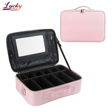 Pink PU Leather Cosmetic Bag with Mirror and Dividers
