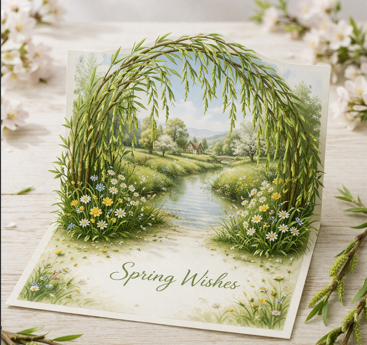 3D pop up greeting card with willow branches and spring landscape