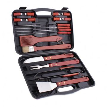 18 -delige houten handgreep BBQ -toolset met opslagcase