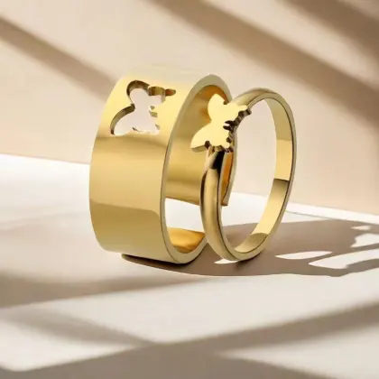 Affordable 18K PVD Gold Plated Butterfly & Stainless Steel Cross Heart Couple Ring Set for Lovers