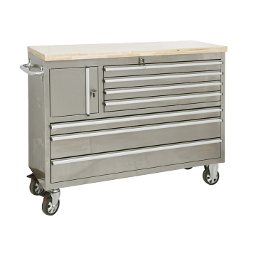 7-Drawer Big Tool Trolley with Wooden Top, Stainless Steel Construction, and Lockable Cabinet for Garage Storage