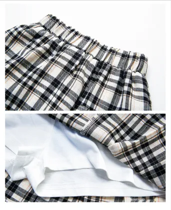 2021 New White Short Sleeve Top Plaid Strap Skirt Children Clothes Kids Dresses Girls Clothing Sets