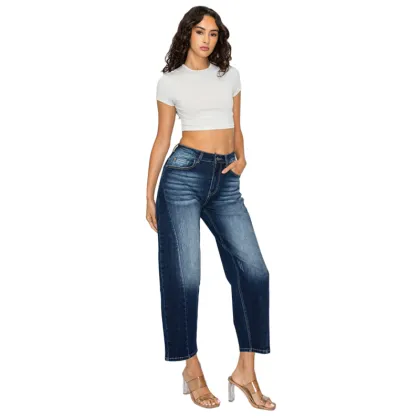 Women Casual Dark Blue Cropped Jeans Stretch Denim Pants