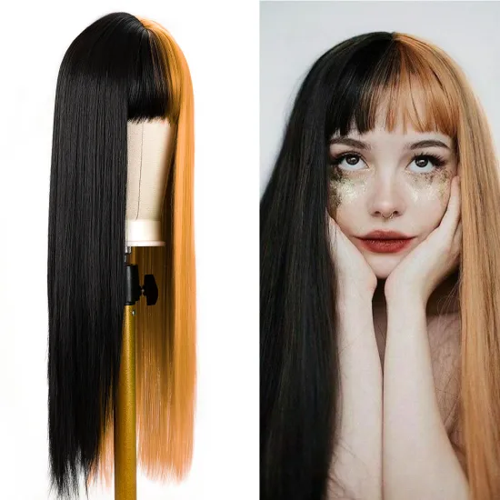 AliLeader Mixed Colors Costume Dressing Up Split Half Black Ginger Synthetic Cosplay Long Wigs For Black Women