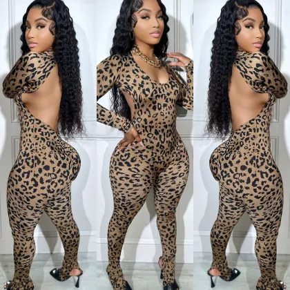 Wholesale 2024 Skinny Playsuits Leopard Print Jumpsuits S-2XL