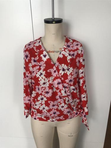 Floral cross collar tie top with long sleeves