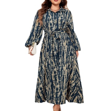 Plus Size Printed Waist Cinching Dress with Polo Collar