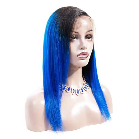 High quality virgin chinese girl hair, dark roots ombre weave cuticle aligned hair extensions blue straight hair wig