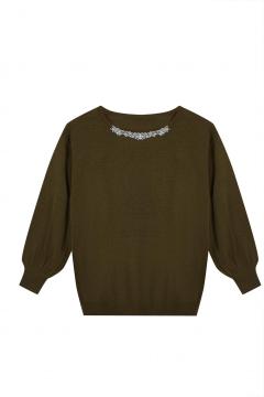 Women's Knitted Crystal Beads Crew-Neck Pullover