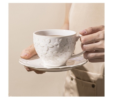 Custom Relief Floral Matte White Coffee Cup and Dinnerware Set