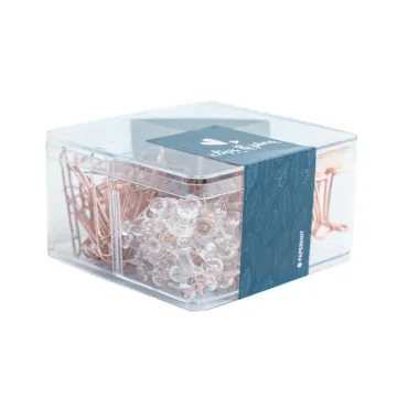 Transparent Rose Gold Square Box Office Stationery Set with Binder Clips and Paper Clips