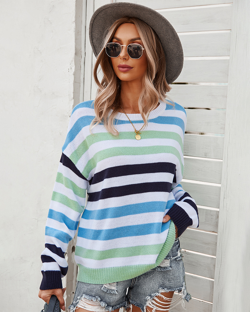 Stitching Stripes Color Knit Pullover Sweater