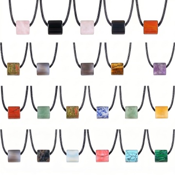 Natural Stone 16MM Square Pendant Necklace Gemstone Square Charm Necklace Choker with Black Leather Cord Adjustable Necklaces