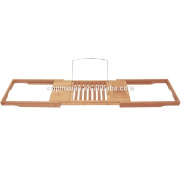BAMBOO ADJUSTABLE BATHTUB CADDY WITH EXPANDABLE STAINLESS STEEL STENTS