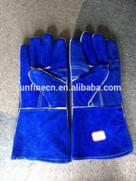 blue cow split leather welder protective glove, one piece leather back reinforced palm welder safety hand glove