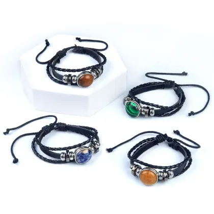 Natural Yellow Jade 20MM Cabs Handmade Woven Leather Bracelets for Women Men