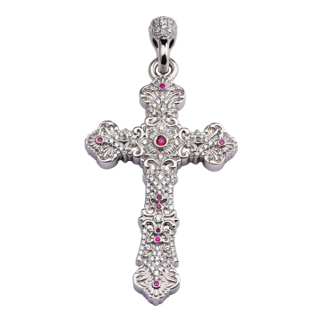 Hip Hop Custom Ruby Gemstone Zirconia 925 Sterling Silver Gothic Cross Pendant for Men