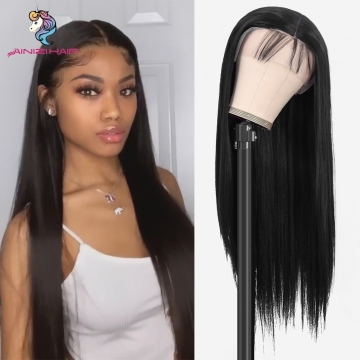 26 Inch Straight Black Color Middle Part T Part Heat Resistant Synthetic Lace Front Wigs for Women