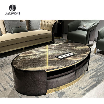Modern High Glossy Wooden Veneer Coffee Table with Italian Marble and Drawers