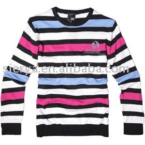men's wool stripe round neck sweater