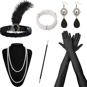 1920s Flapper Party Accessories: Headband, Gloves, Necklace, Earrings & Cigarette Holder