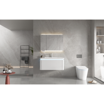 Modern White Wooden Bathroom Cabinet with Rectangle Ceramic Vanity and Mirror Panel
