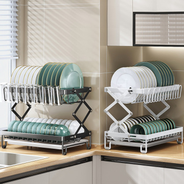 Factory Direct 2-Tier Carbon Steel Collapsible Storage Bowl and Dish Rack with Utensil Holder - Multifunctional Kitchen Organizer