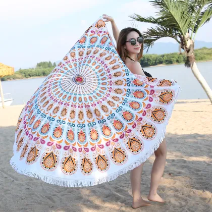 Green Peacock Feather Round Tapestry Beach Towel