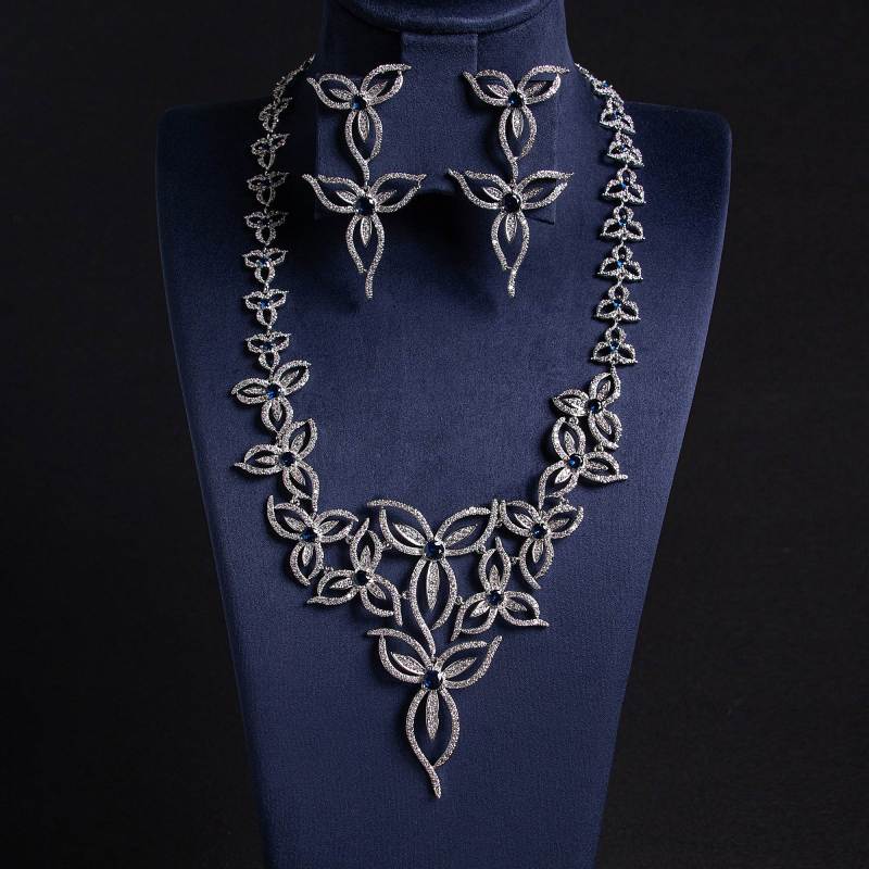Openwork Floral Vine CZ Bridal Necklace Earring Set